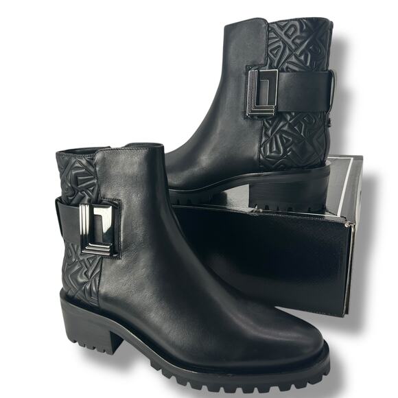 NEW Karl Lagerfeld Black Bootie Size 10 Lug Sole Leather Ankle Boot Combat Moto - Picture 3 of 11